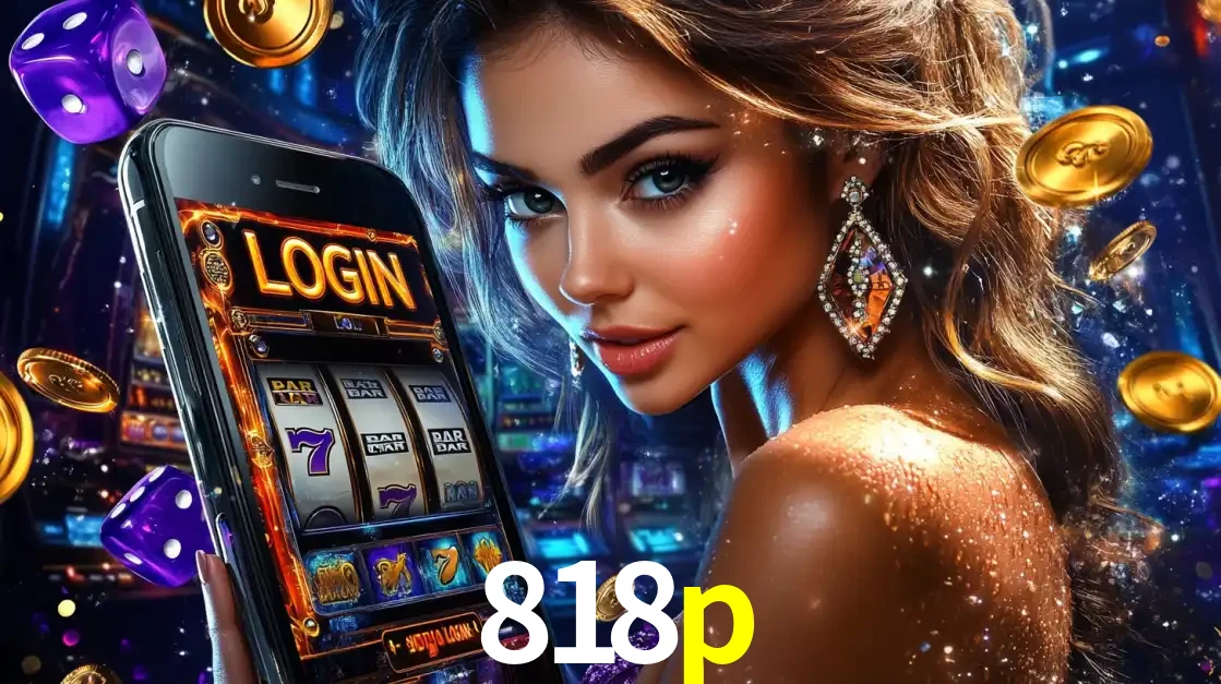 Mulher glamorosa segurando um smartphone com a tela de login para os jogos de caça-níqueis do cassino online 818p, com moedas de ouro e dados ao redor.